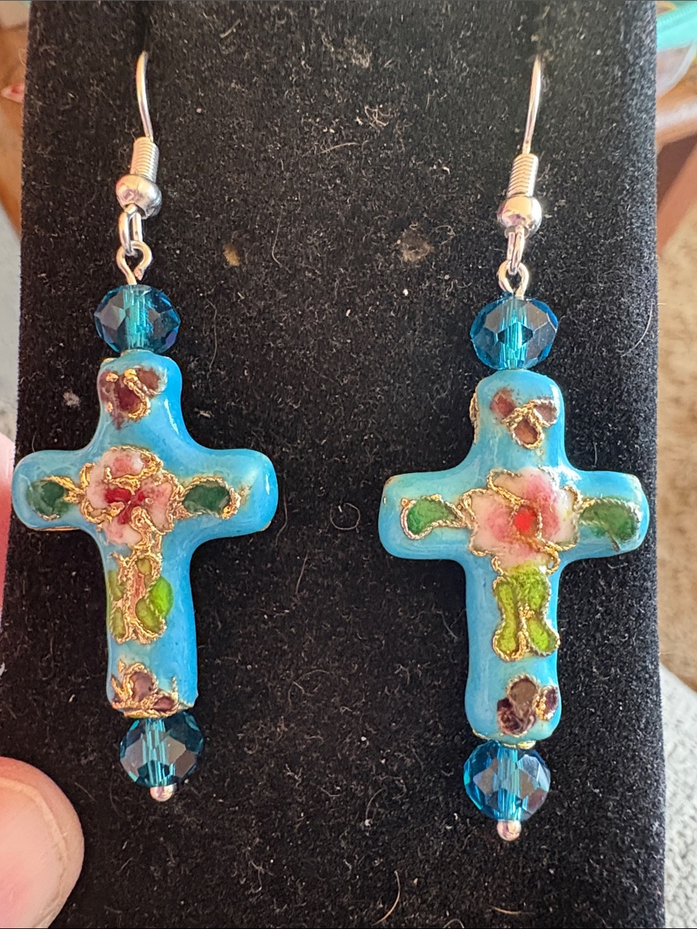 Hand Crafted Blue Floral Cross Drop Earrings - Women Jewelry